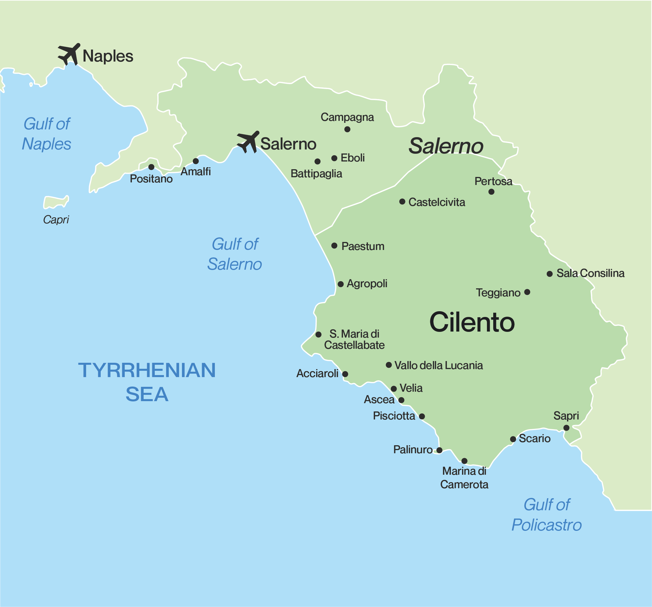 Map of Italy showing the Cilento area marked
