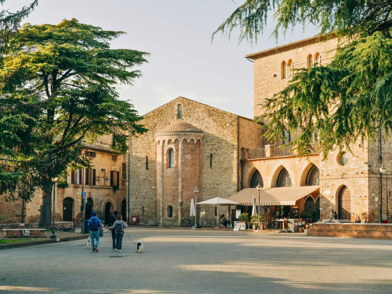 light stone buildings in Italian town square with trees
