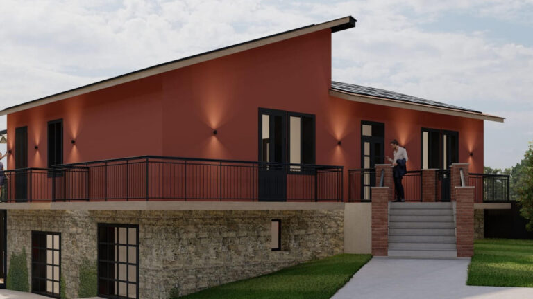 Exterior Italy house showing terracotta rendering and stone lower half