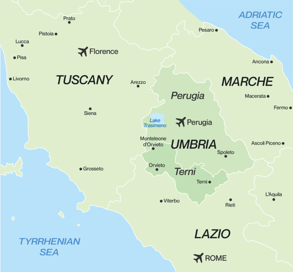 Map showing central Italy with Umbria, Tuscany and Lazio regions