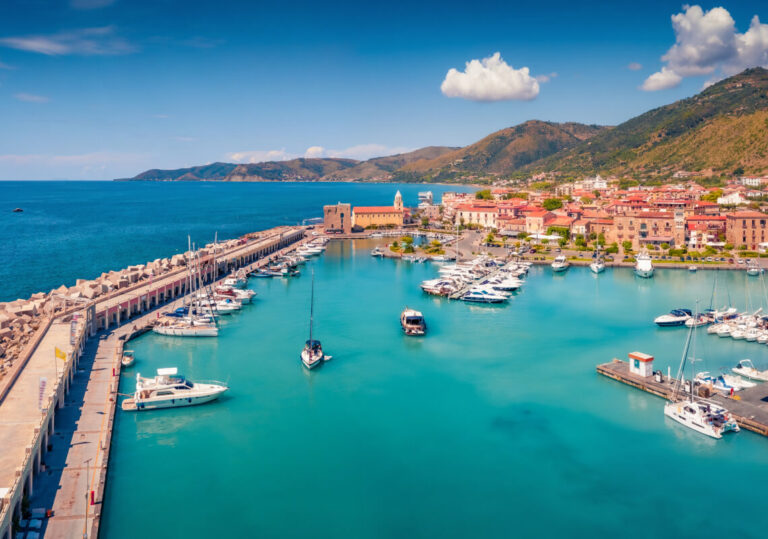 Panoramic summer view from flying drone of Acciaroli port. Wonderful outdoor scene of Mediterranean coast of Italy