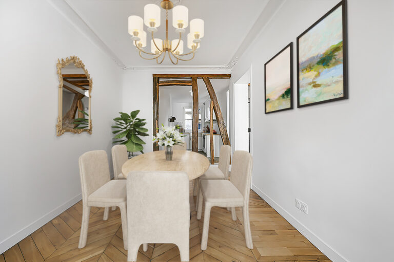 Maison Rivoli dining room with natural color dining table and chairs