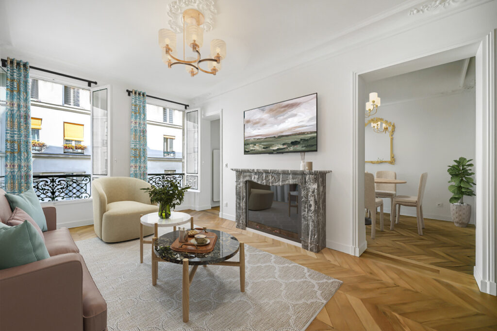 Parisian furnished living room with high windows and wood floor