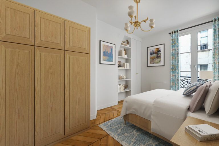 Bedroom with wardrobe wood floor & bed in chic design