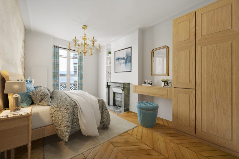 Bed facing ornate fireplace next to high windows & curtains