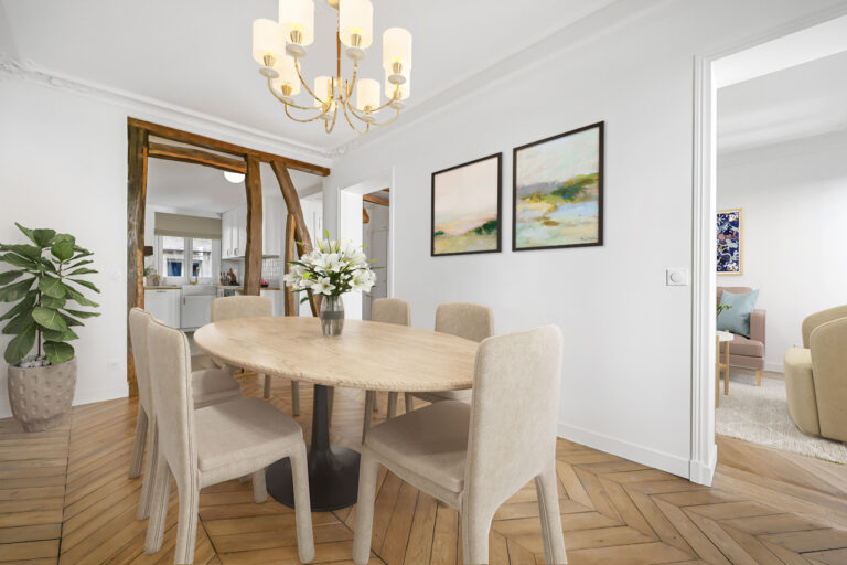 dining table and plush chairs on wood floor