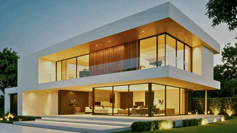 large 2 story house with golden light shining inside