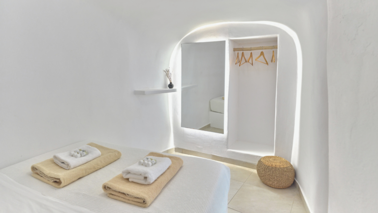 Firostefani Santorini Caldera Villa View white bedroom boho style