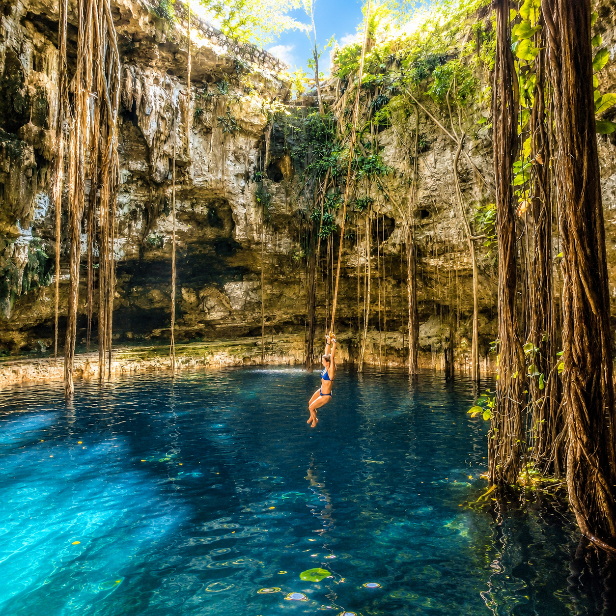 Cenote Oxman in Valladolid, Yucatán, Mexico, featuring a rope swing, turquoise water, and dramatic limestone cave formations.