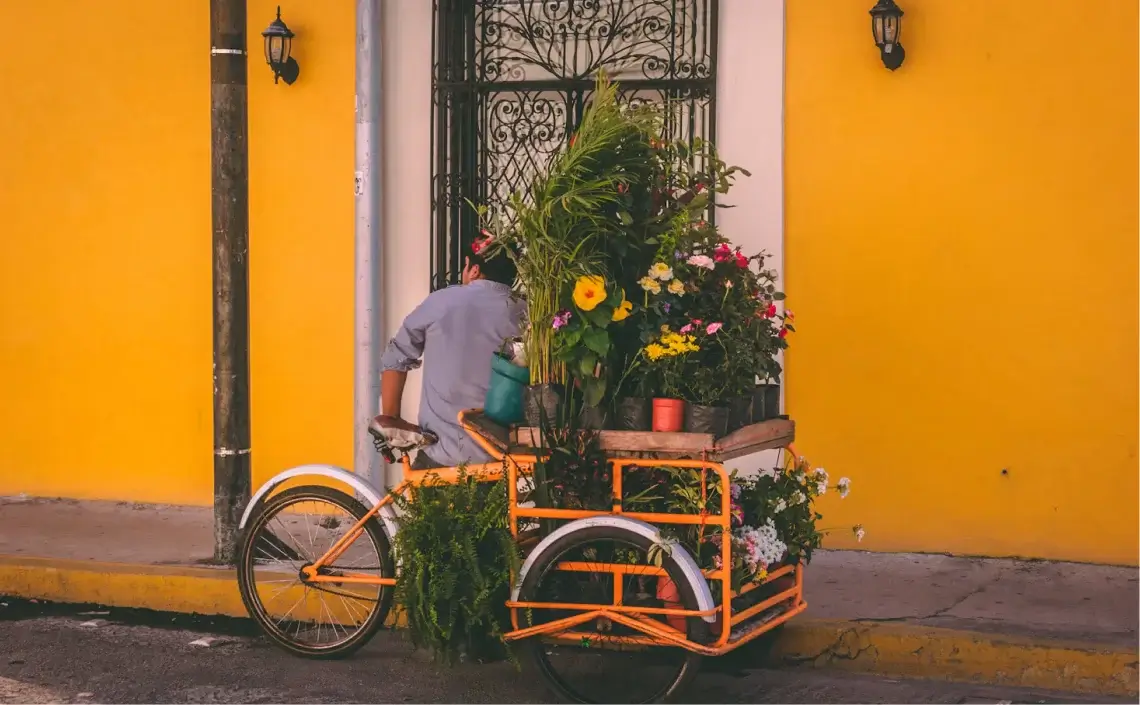 woman with flowers on bicycle and card in Mexico against yellow painted wall