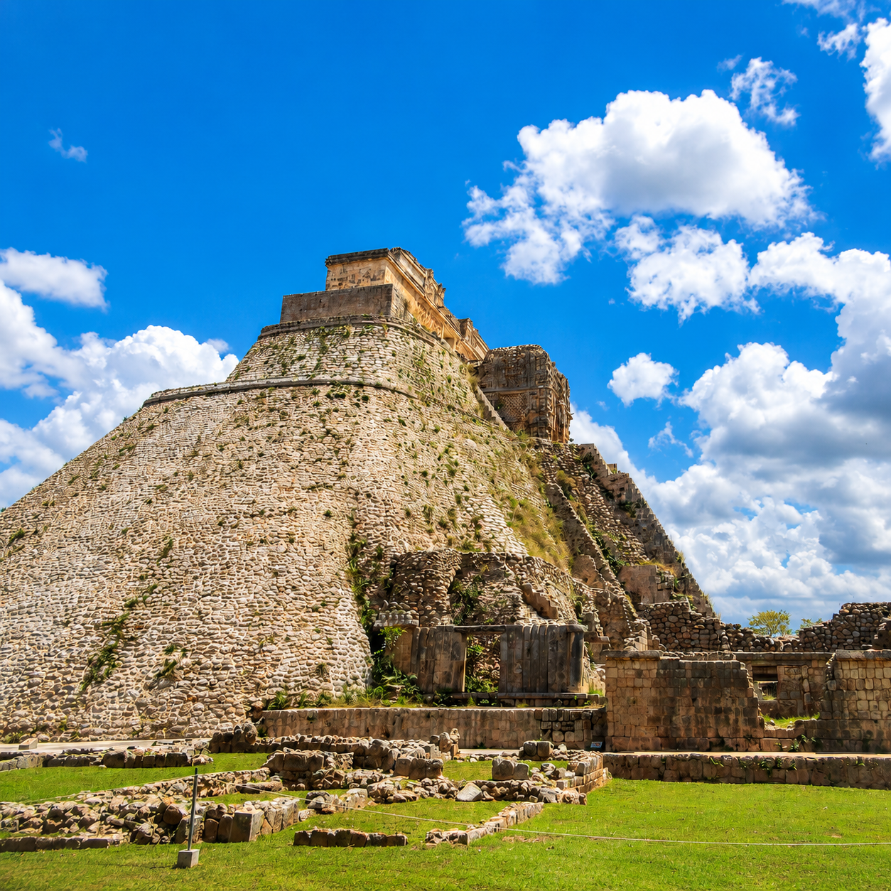 Pyramid of the Magician at Zona Arqueológica de Uxmal, Uxmal, Yucatán, Mexico, a UNESCO World Heritage Maya archaeological site.
