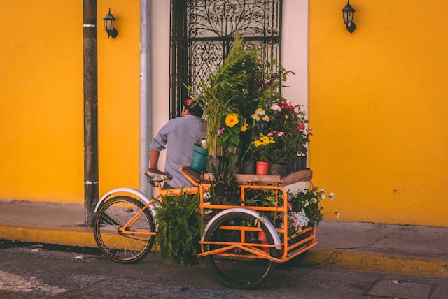 woman with flowers on bicycle and card in Mexico against yellow painted wall